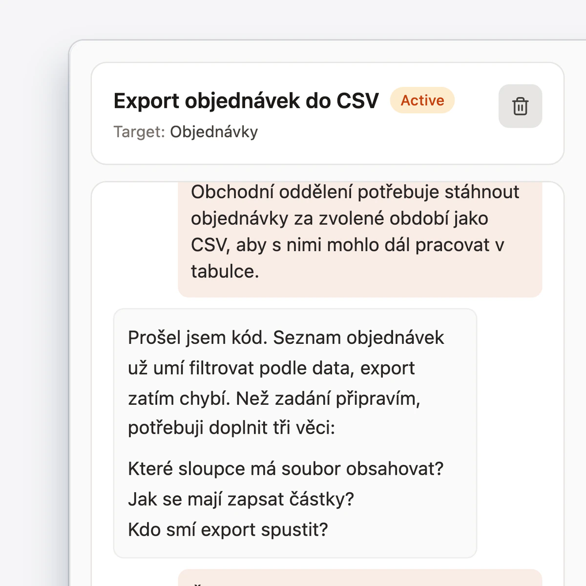 Rozhovor v Anvilu o novém zadání Export objednávek do CSV: obchodní oddělení popíše, co potřebuje, a Anvil po kontrole kódu odpovídá.