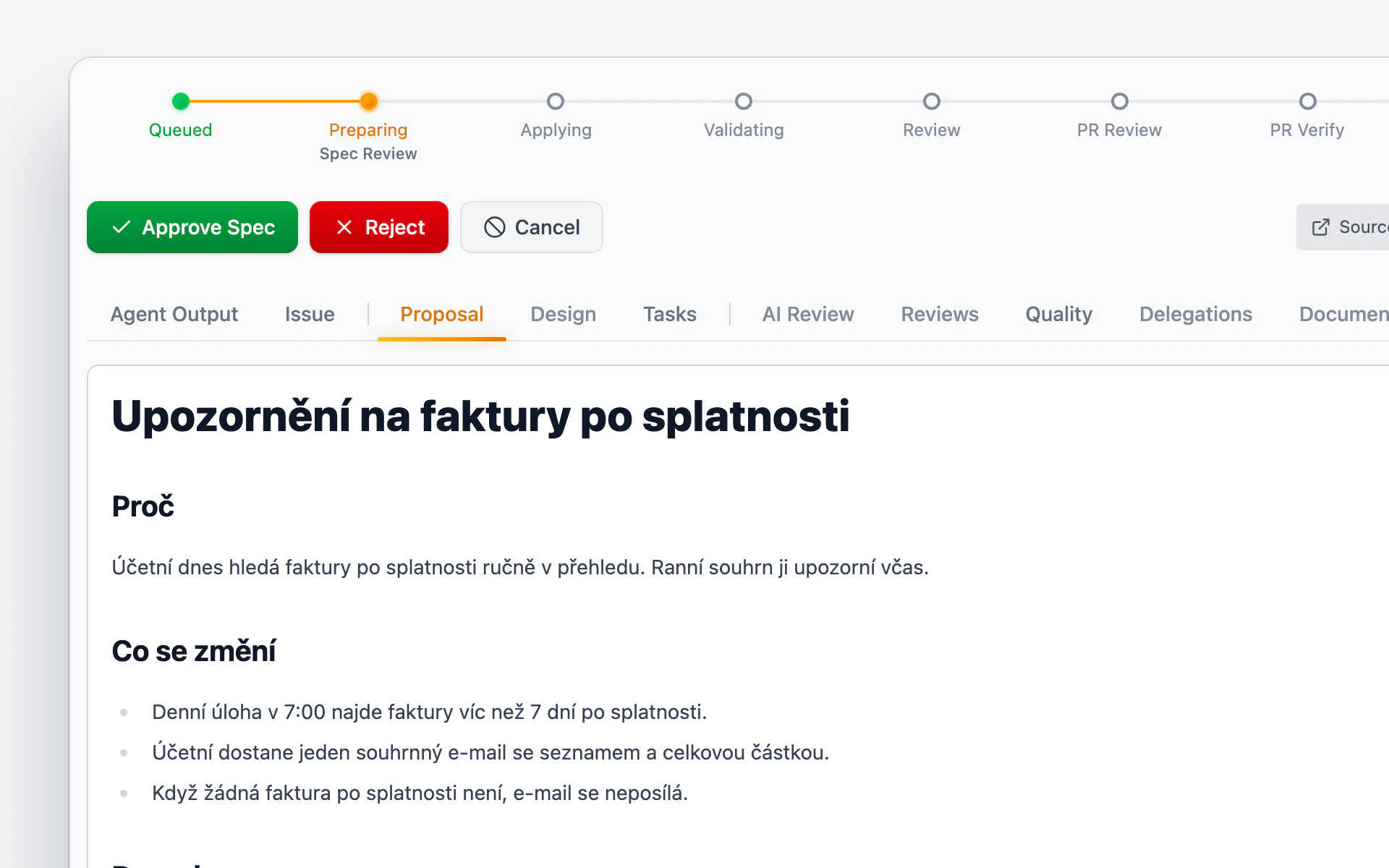 Plán úlohy ve Forge čeká na schválení: proč změna vzniká, co se změní a jaký bude mít dopad, s tlačítky Approve Spec a Reject.