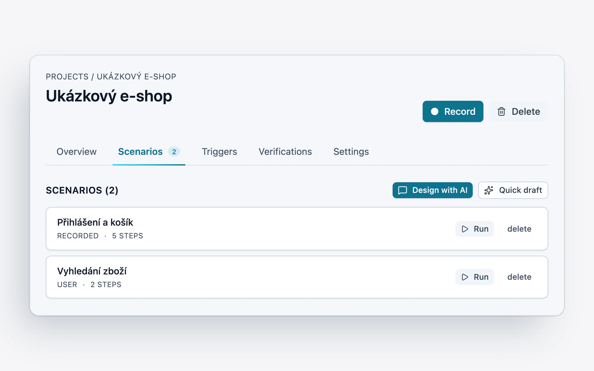 Projekt v Temperu: test se nahraje tlačítkem Record, nebo popíše přes Design with AI či Quick draft. Pod tím dva scénáře s počtem kroků.