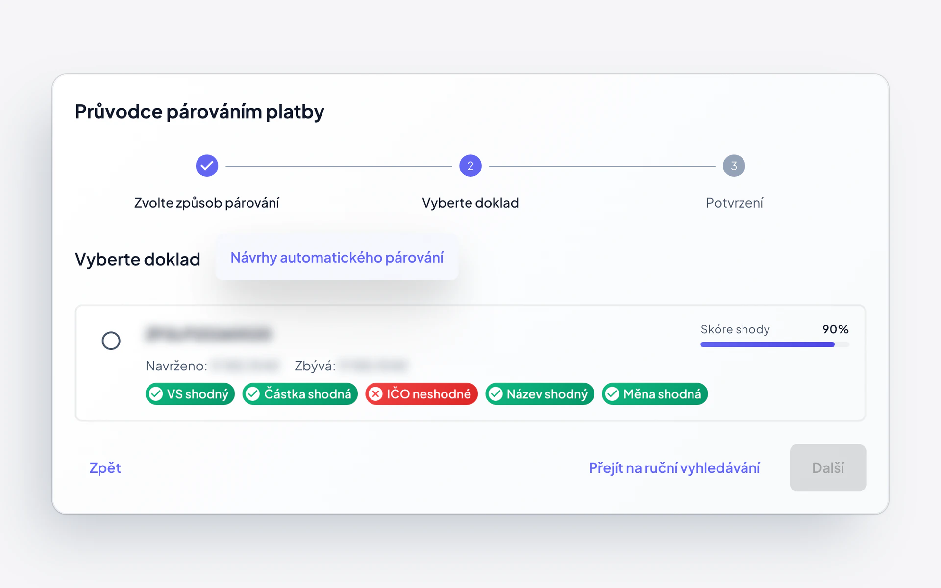Průvodce párováním platby v Centeře: navržený doklad se skóre shody 90 % a kontrolou symbolu, částky, IČO, názvu a měny.
