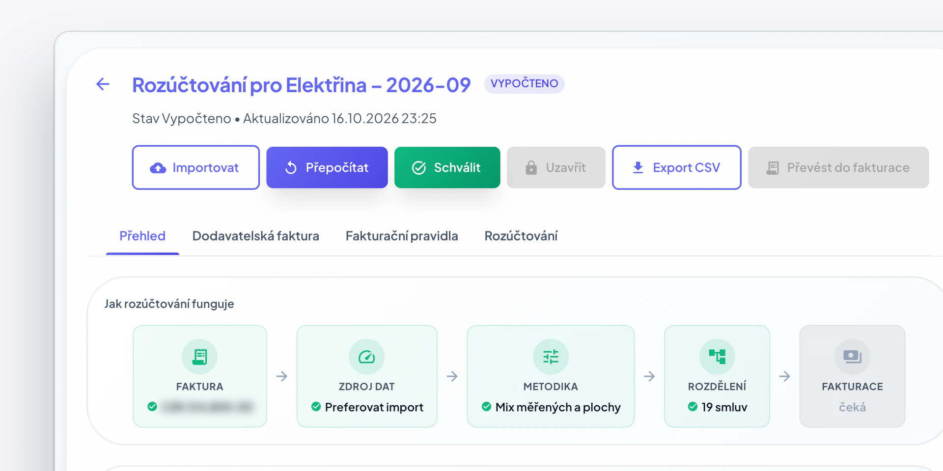 Rozúčtování elektřiny v Centeře: faktura dodavatele, zdroj dat a metodika, která mísí měřenou spotřebu s plochou.
