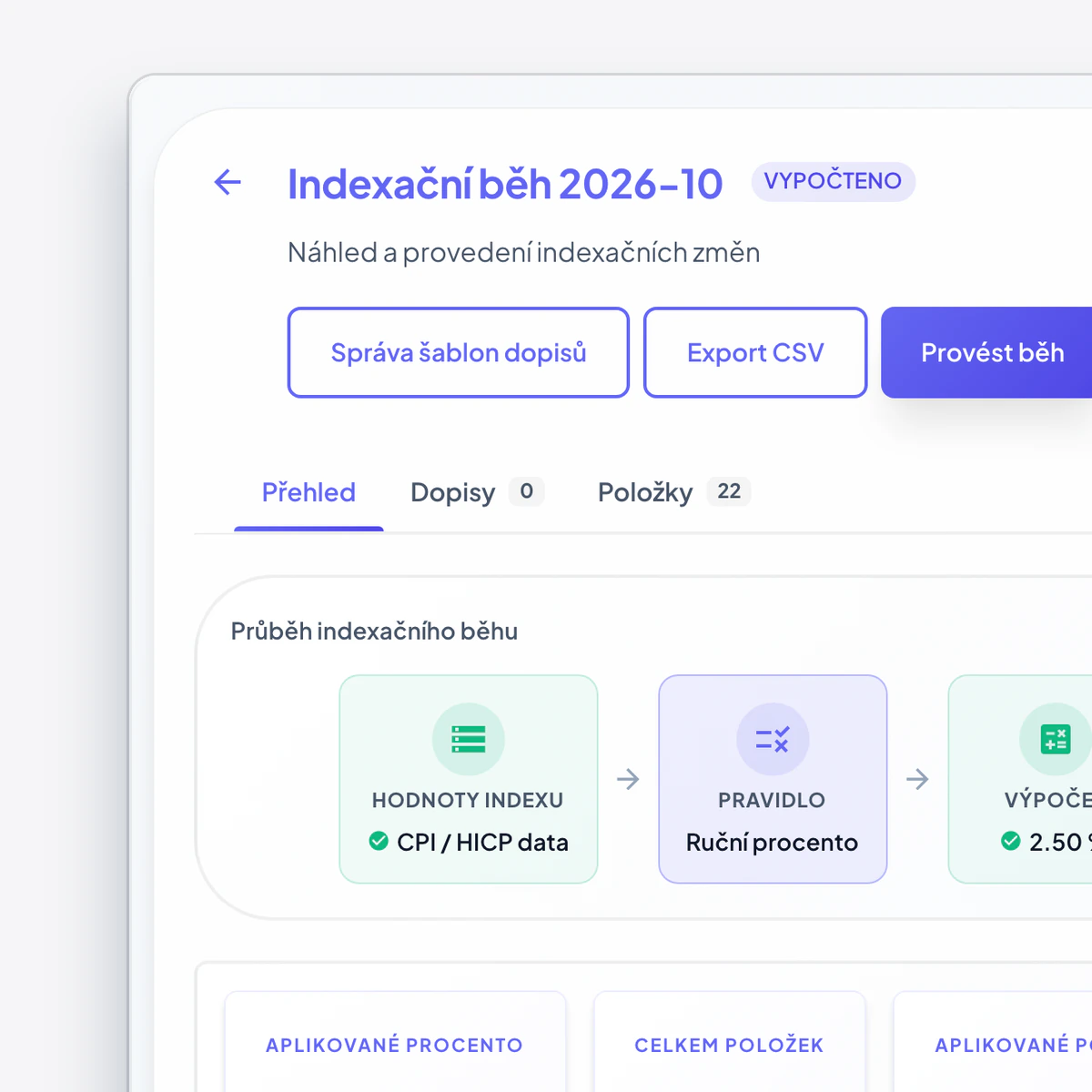 Indexační běh v Centeře: průběh od hodnot indexu přes pravidlo s ručním procentem.