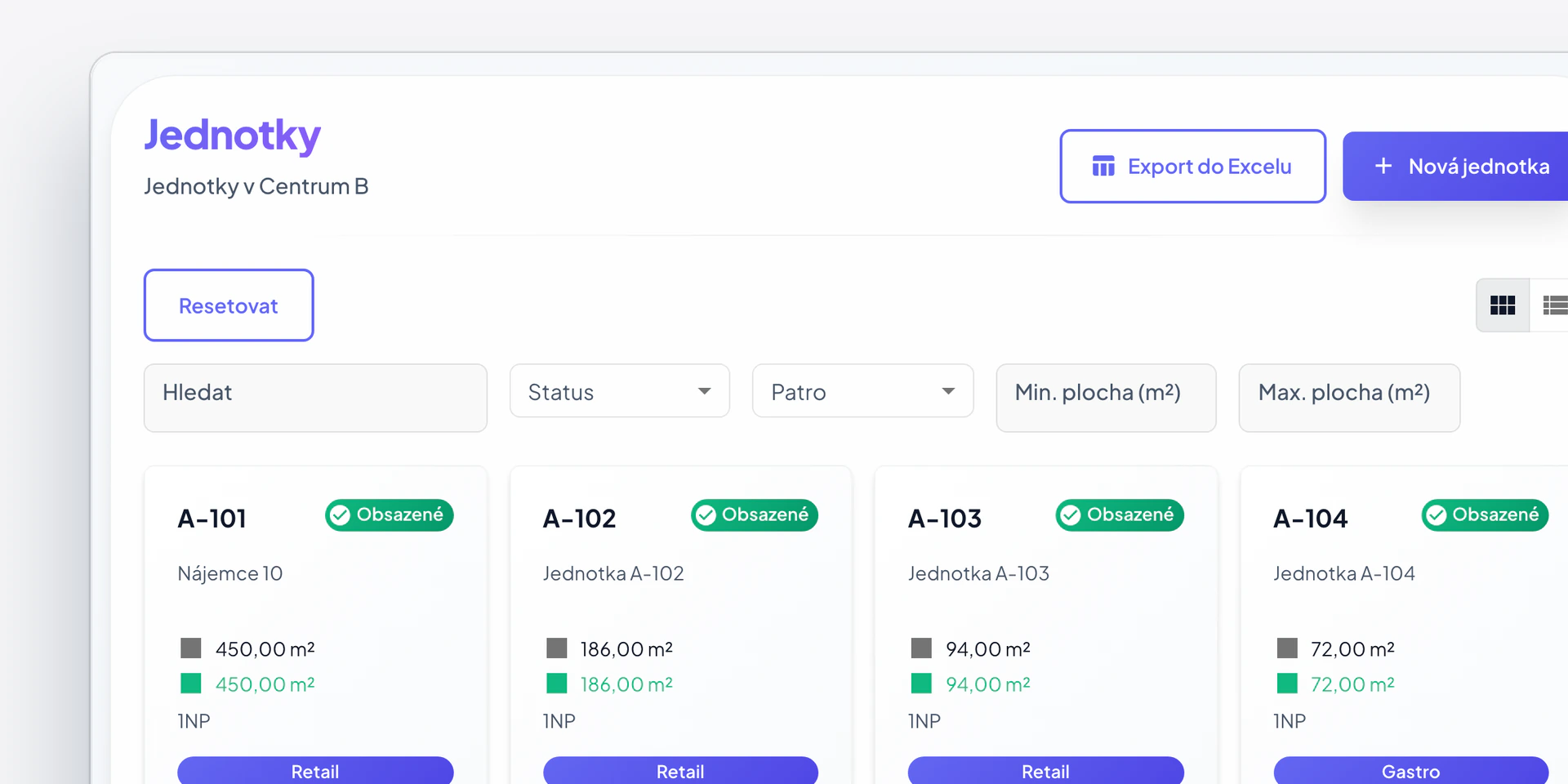 Jednotky v Centeře: jednotka A-101 s plochou, podlažím, typem a stavem Obsazené.