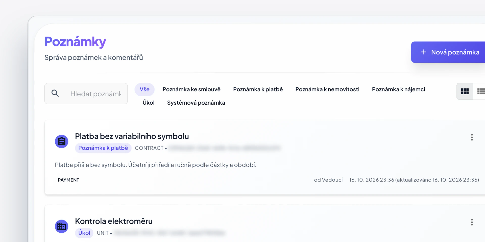 Poznámky v Centeře: poznámka k platbě bez variabilního symbolu s textem a autorem.