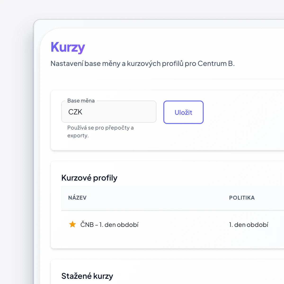 Kurzové profily v Centeře: profil ČNB s kurzem k prvnímu dni období.