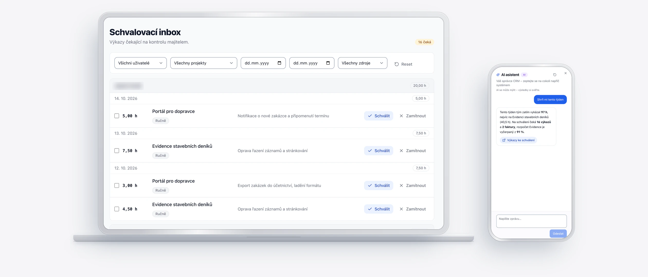 Cognera CRM na notebooku a v telefonu: schvalovací inbox výkazů práce a asistent, který shrnuje týden.