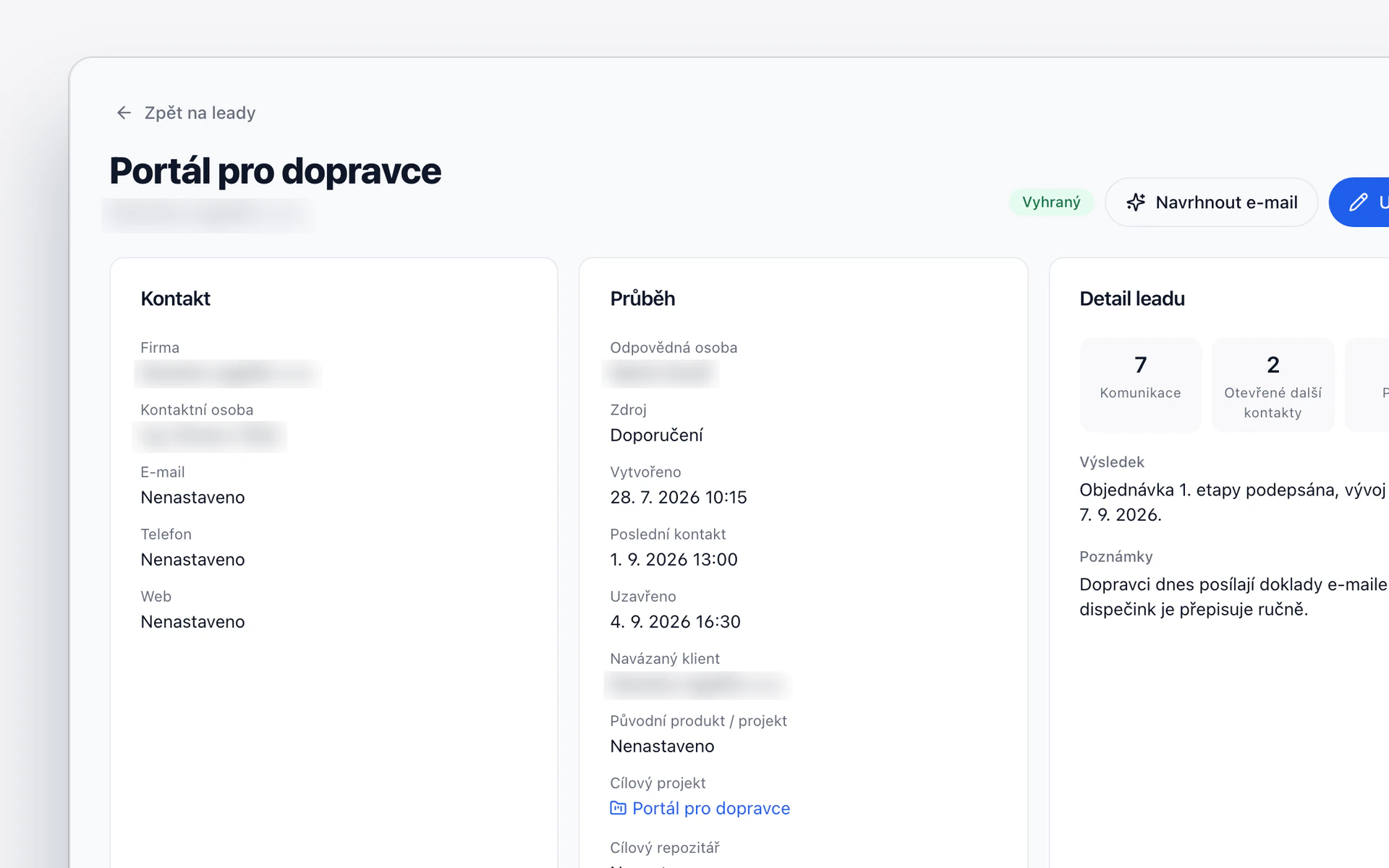 Vyhraný obchod v Cognera CRM: průběh od prvního kontaktu po uzavření, navázaný klient a cílový projekt.