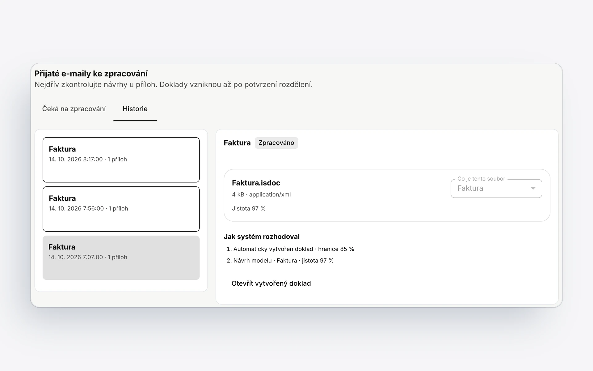 Faktury přijaté e-mailem do schránky systému: z přílohy vznikl doklad automaticky.