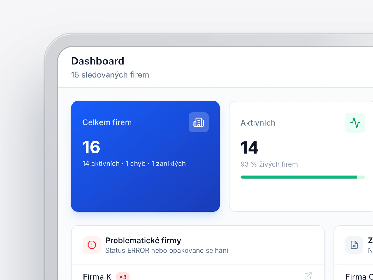 Přehled monitoringu registrů: sledované firmy, aktivní firmy, chyby a změny.