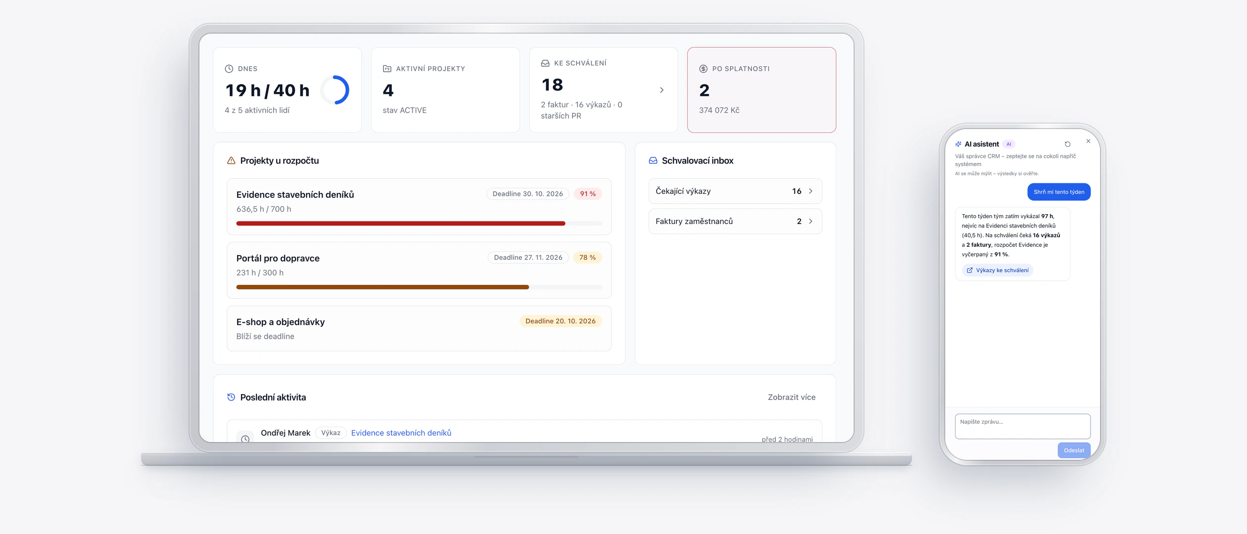 Cognera CRM: přehled s vykázanými hodinami, aktivními projekty, schvalováním a fakturami po splatnosti.