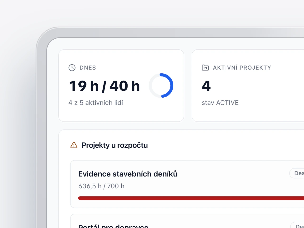 Cognera CRM: přehled s vykázanými hodinami, aktivními projekty, schvalováním a fakturami po splatnosti.