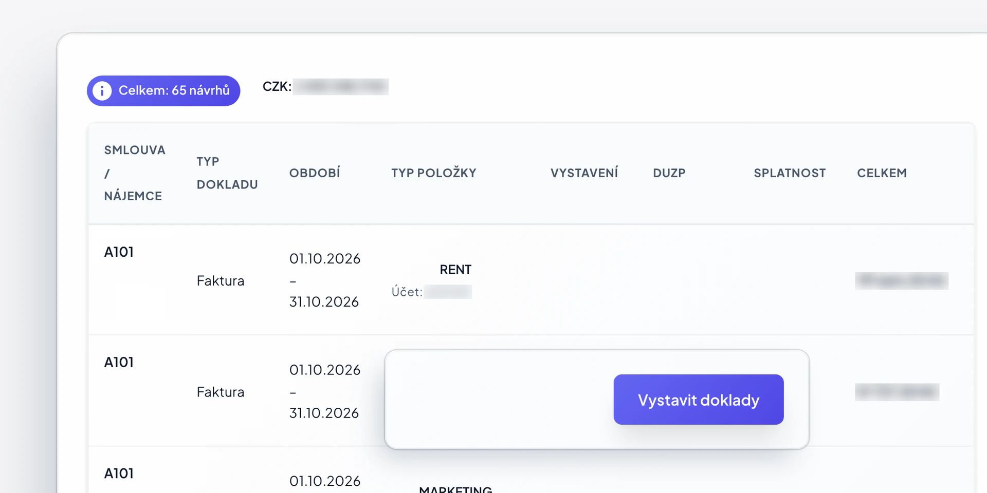 Hromadná fakturace v Centeře: náhled 65 návrhů dokladů za říjen a tlačítko Vystavit doklady.