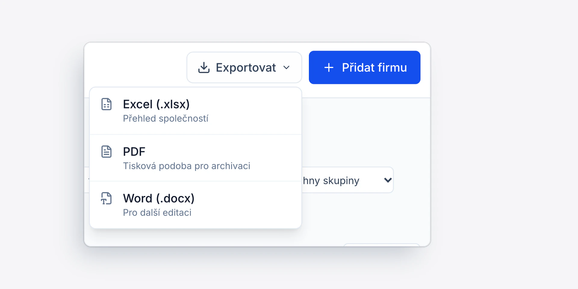 Nabídka exportu seznamu sledovaných firem do Excelu, PDF a Wordu.