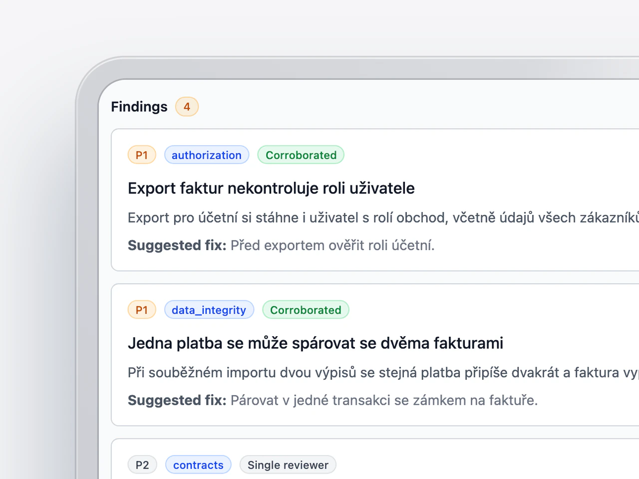 Forge po auditu převzatého kódu: nálezy podle závažnosti, každý s návrhem opravy.