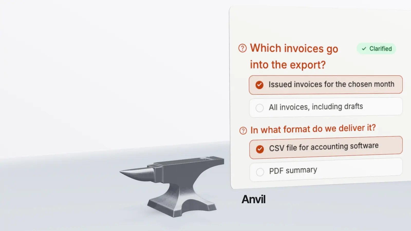 The anvil, and behind it a question about the spec with an answer selected.