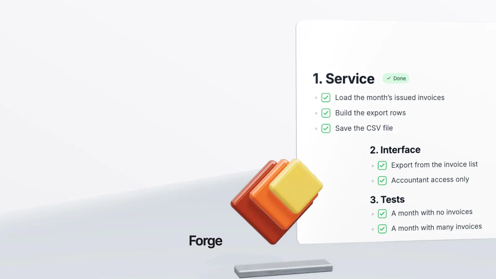 Forge tiles, and behind them a plan with its tasks checked off.