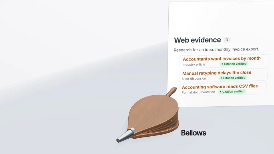 The bellows, and behind them a screen of evidence from the web with three verified sources.