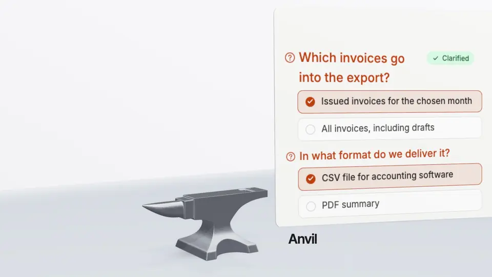 The anvil, and behind it a screen with two answered questions about an invoice export.