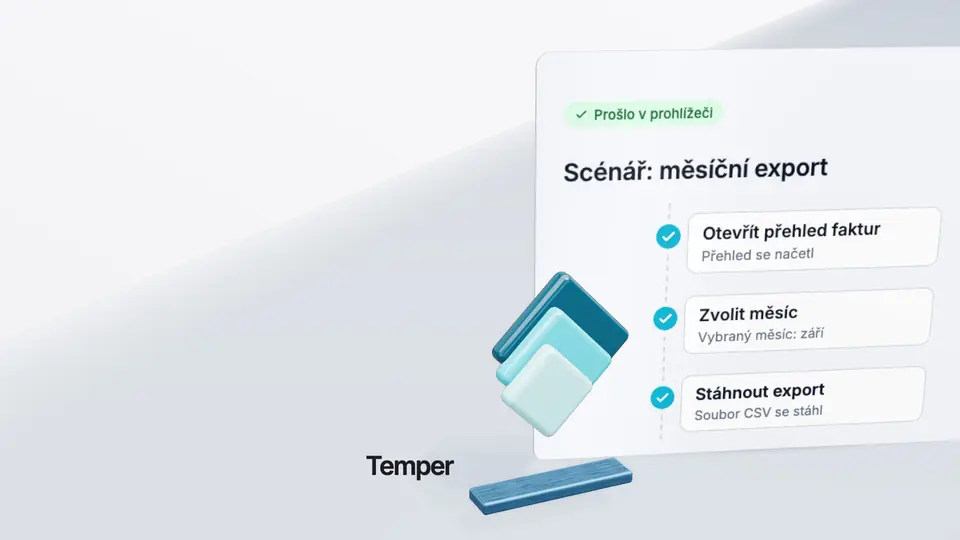 Dlaždice Temper a za nimi scénář měsíčního exportu, který v prohlížeči prošel.