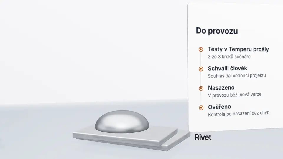 Nýt Rivet na deskách a za ním obrazovka nasazení se stavem Ověřeno.